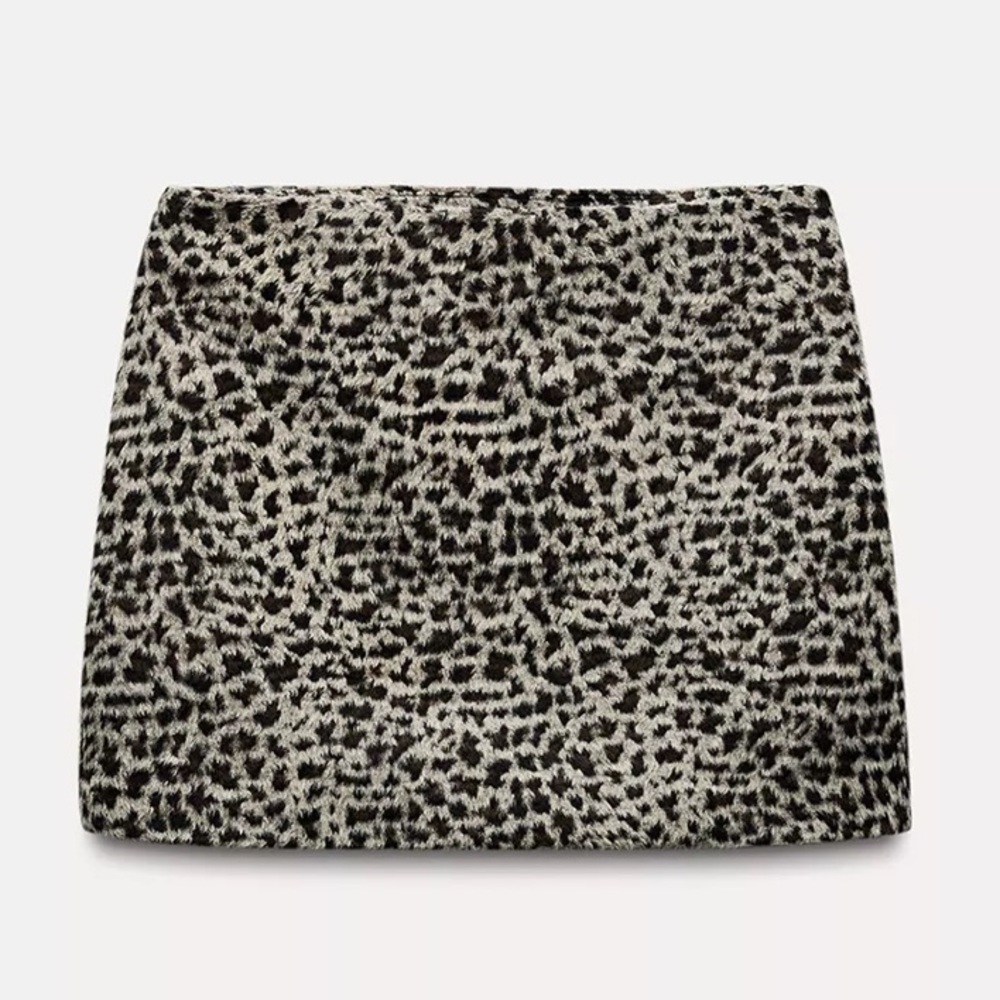 Zara Black and Cream Animal-Print Mini Skirt